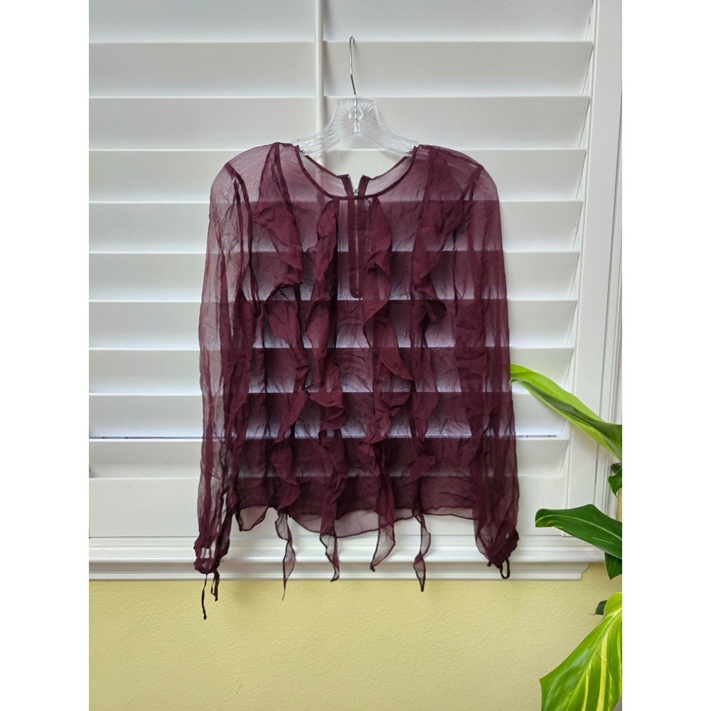 Thomas Wylde Burgundy Ruffle Sheer Longsleeve Top Small